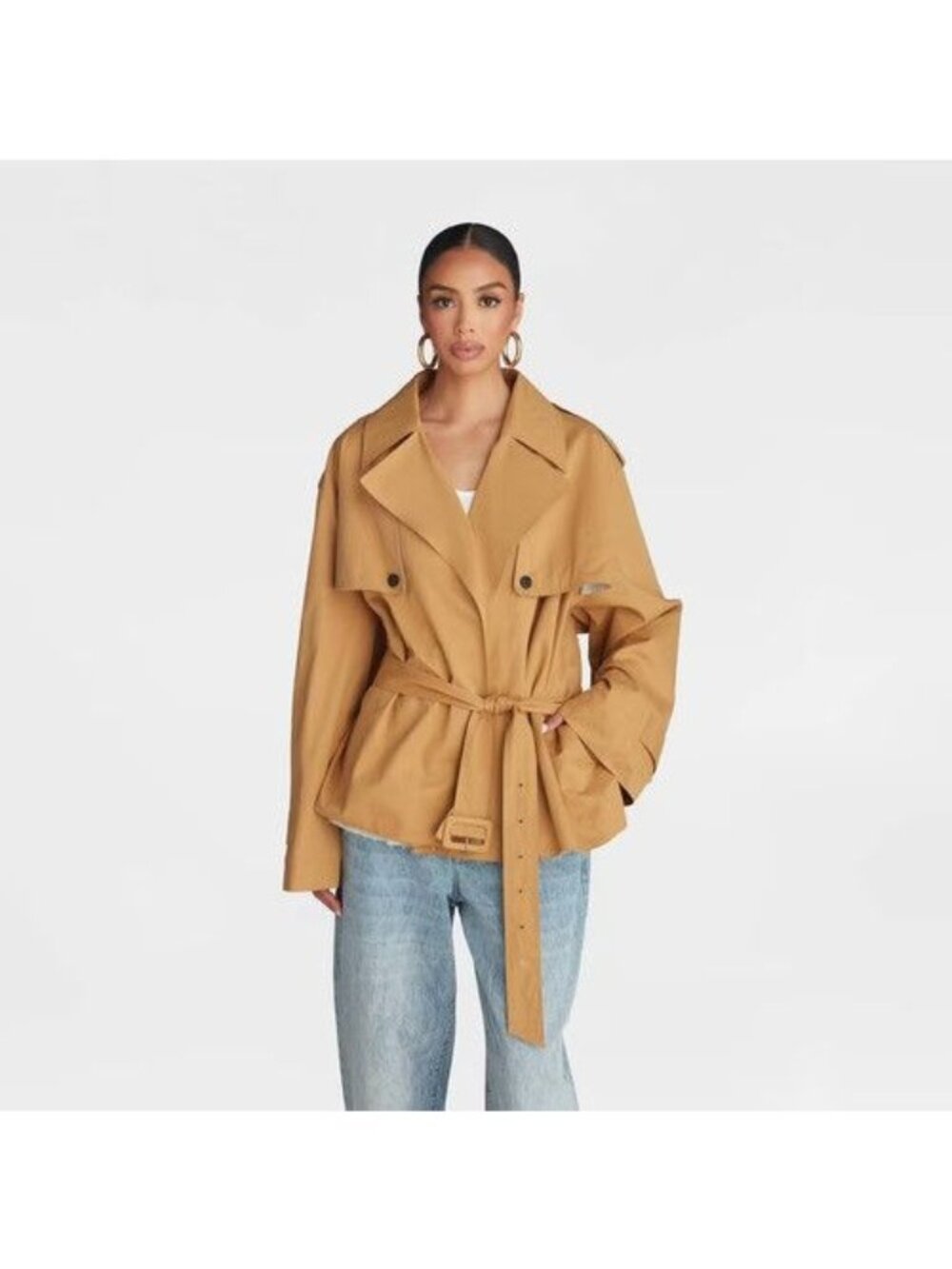 K-241 KBB by KAHLANA Women's Small 'the Belted Cropped Trench Jacket' Light Brow